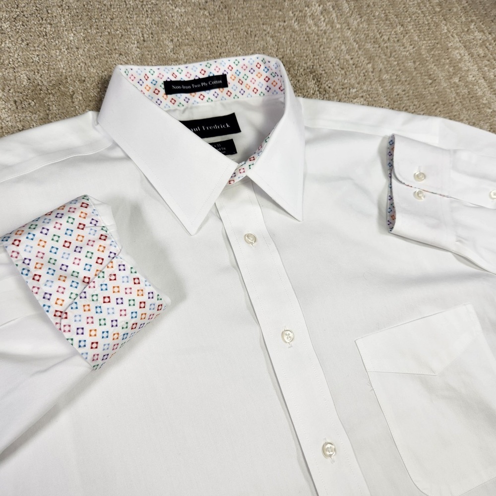 Paul Fredrick Shirt Men 17 33 (XL) Flip Cuff White Non Iron 2 Ply Cotton NEW